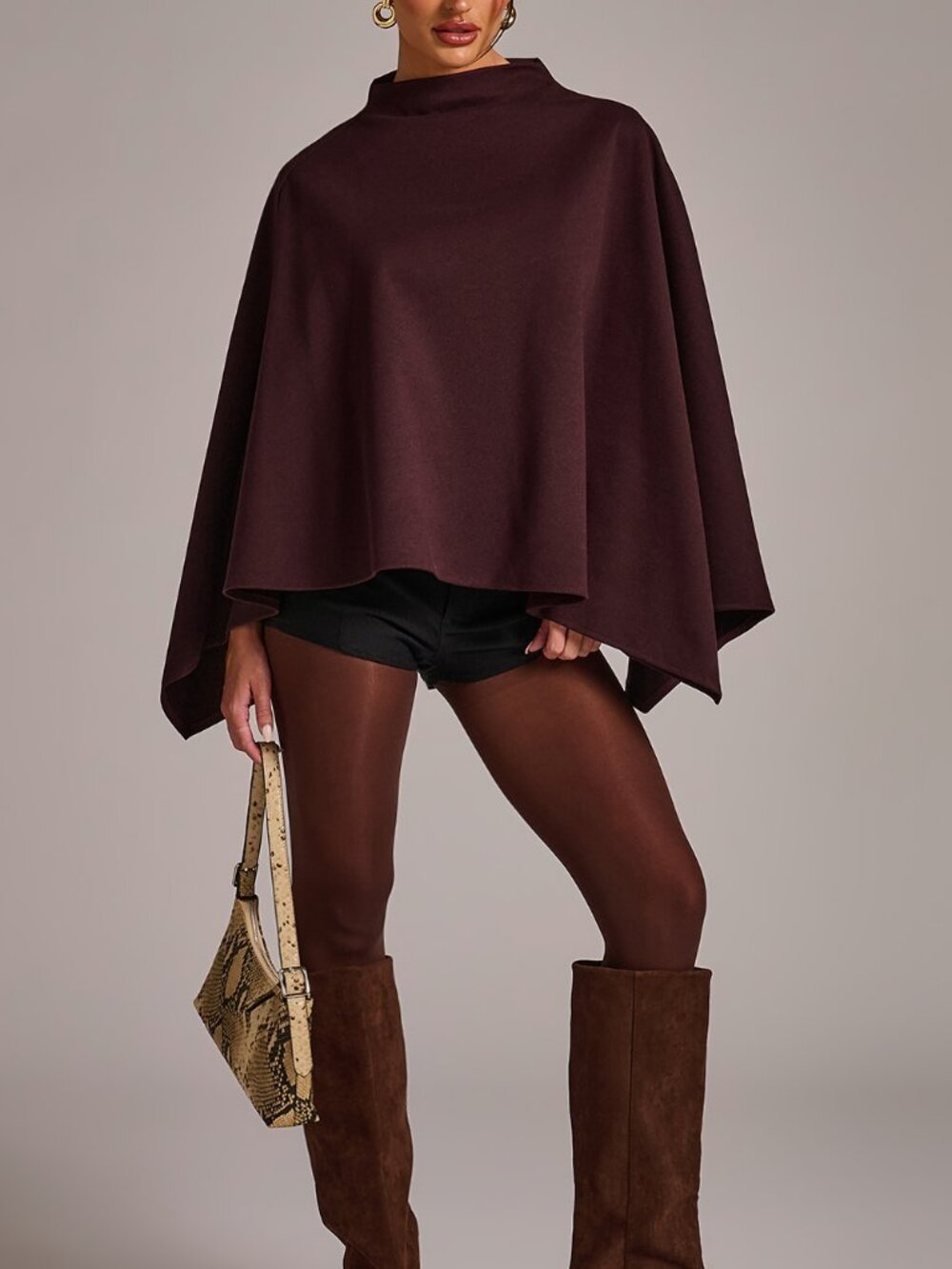 Burgundy Elegant Women's Funnel Neck Cloak Sleeve Cape